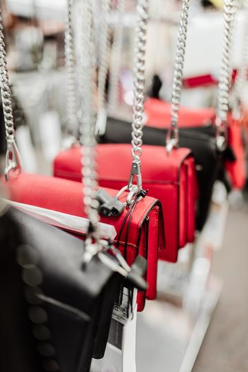 photo of bags in a shop with security tags
