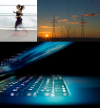 laptop, woman running and tracking, electricity station